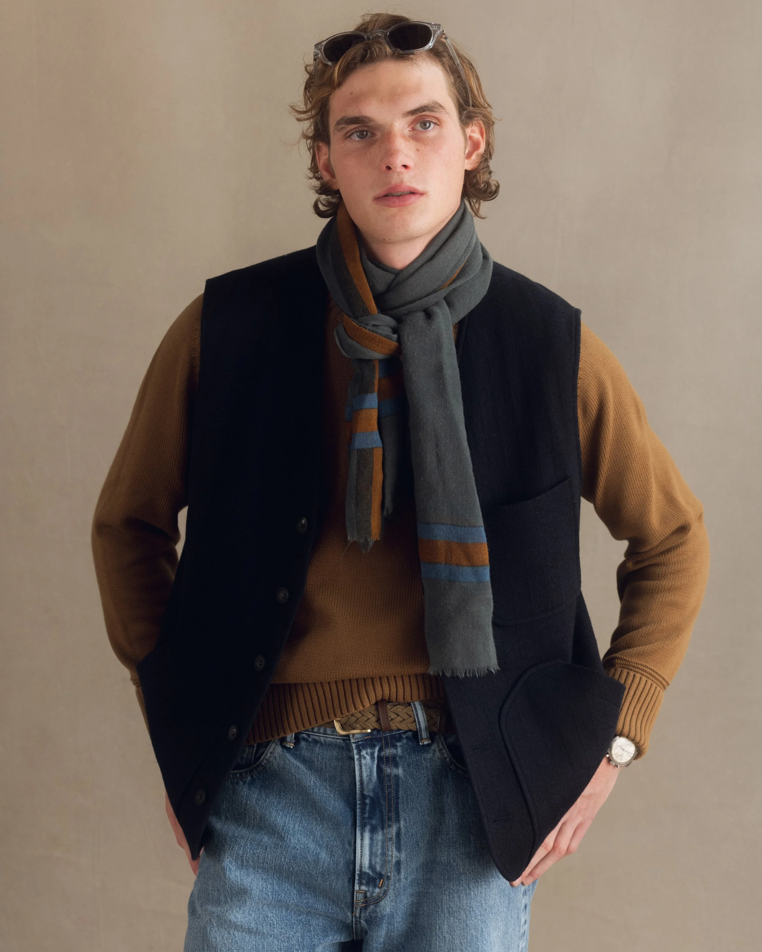 Concours Gilet - Navy Shadow Herringbone Stripes — The Anthology